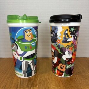 DISNEY Mug With Lids World Land Mickey, Buzz Lightyear, Pixar . SET OF 2 WHIRLEY